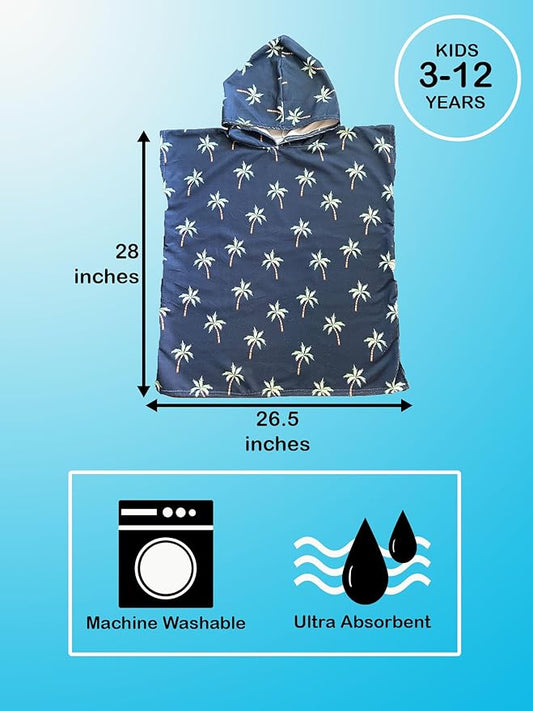 Kids Hooded Towel Poncho - Kids Beach Poncho - Kids Surf Poncho - Kids Pool Towel - Kids Beach Towel - Swim Coverup For Kids - Kids Beach Towel Poncho (Navy Blue Palm Trees)