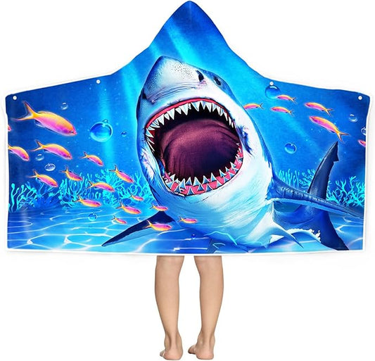 Shark Beach Towel, Shark Towel for Kids with Hood, Ocean Fishes Hooded Towel for Boys 30" x 50", Funny Sea Animals Microfiber Absorbent Soft Bath Towel Poncho Bathrobe for Swin Pool