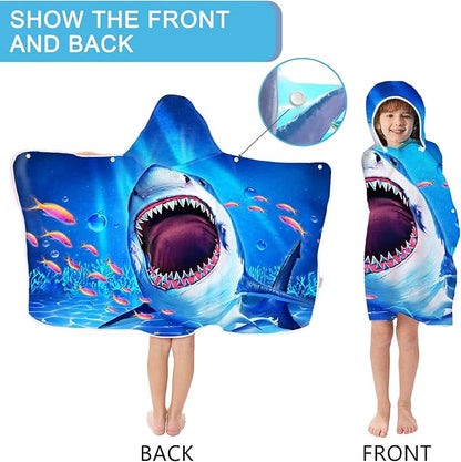 Shark Beach Towel, Shark Towel for Kids with Hood, Ocean Fishes Hooded Towel for Boys 30" x 50", Funny Sea Animals Microfiber Absorbent Soft Bath Towel Poncho Bathrobe for Swin Pool