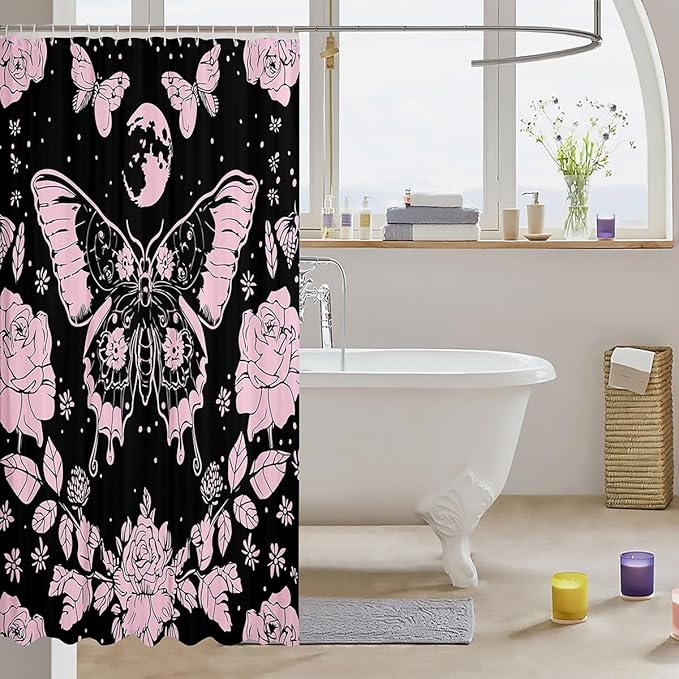 Feelyou Pink Butterfly Fabric Shower Curtain Cover Botanical Floral Shower Curtain for Kids Boys Girls Butterflies Bathroom Waterproof Accessories with 12 Hooks Flying Curtains,72x78 Inches