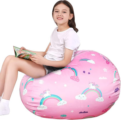 Lukeight Unicorns Stuffed Animal Storage Bean Bag Chair Cover for Kids, Unicorns Zipper Beanbag Chair Cover for Organizing Toddler and Kids' Rooms Plush Toys (Rainbow Pink, Large)