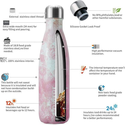 BJPKPK Insulated Water Bottles -17oz/500ml -Stainless Steel Water Bottles,Sports Water Bottles Keep Cold for 24 Hours and Hot for 12 Hours,BPA Free Water Bottle,Marble Blossom
