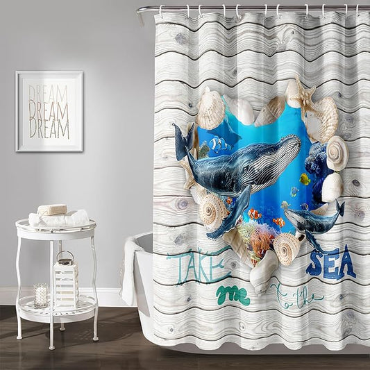 AILONEN 3D Printed Whale Shower Curtain, Ocean Sea Animal Wooden Style Bathroom Curtain,Shell Coast Whale Bath Curtain,36" W*72" H Polyester Waterproof Bathroom Curtain with 12 Hooks