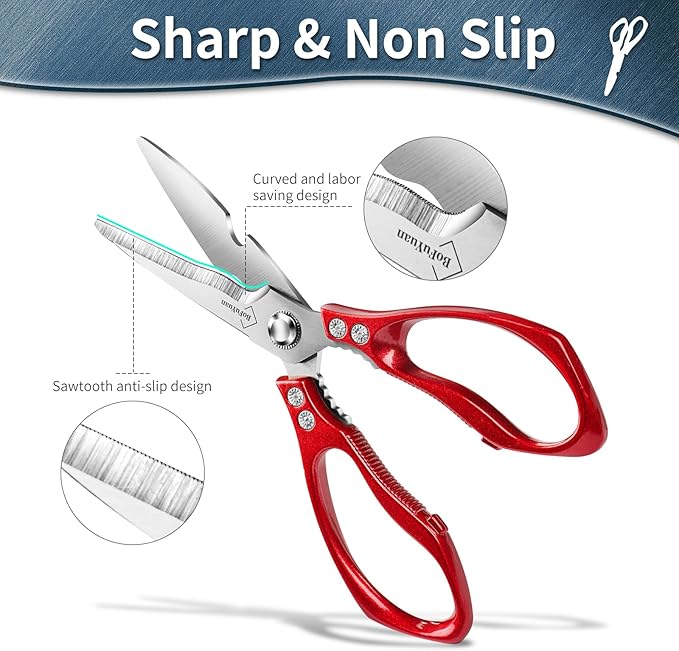 Kitchen Shears for Food Heavy-Duty: Multipurpose Kitchen Shears for Cutting Chicken, Bone, Meat, Food, (9'' Red)