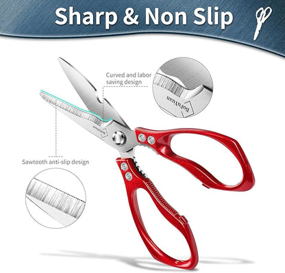 Kitchen Shears for Food Heavy-Duty: Multipurpose Kitchen Shears for Cutting Chicken, Bone, Meat, Food, (9'' Red)