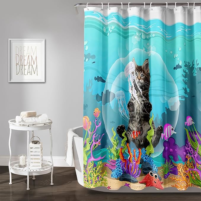 AILONEN Funny Cat Shower Curtain for Bathroom, Ocean Animal Print Shower Curtain, 60" W*72" H Waterproof Polyester Cat Lover Shower Curtain Decor Bathroom with Grommets and Hooks