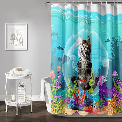 AILONEN Funny Cat Shower Curtain for Bathroom, Ocean Animal Print Shower Curtain, 60" W*72" H Waterproof Polyester Cat Lover Shower Curtain Decor Bathroom with Grommets and Hooks