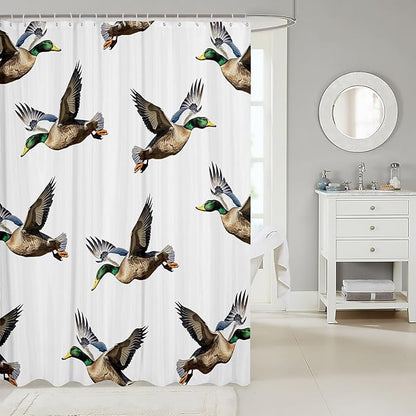 Manfei Ducks Kids Shower Curtains,Rustic Animals Hunting Adventure Bathroom Curtains for Girls Boys,Swimming Bird Farmhouse Country White Waterproof Curtains,12 Hooks Suits,72" W x 72" L