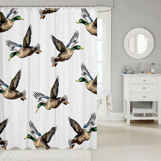 Manfei Ducks Kids Shower Curtains,Rustic Animals Hunting Adventure Bathroom Curtains for Girls Boys,Swimming Bird Farmhouse Country White Waterproof Curtains,12 Hooks Suits,72" W x 72" L