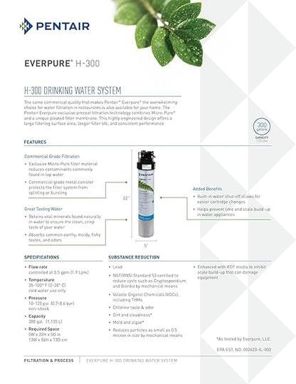 Pentair Everpure H-300 Drinking Water System, EV927076, Includes Filter Head, Filter Cartridge, All Hardware and Connectors, 300 Gallon Capacity, 0.5 Micron