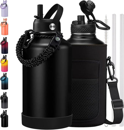 Insulated Water Bottle 64 oz - Keep Cold 48Hrs Hot24 Hrs, 1/2 Gallon Water Jug with Straw, Auto Spot Lid, Triple Wall Vacuum Stainless Steel Sports Water Bottle, Metal Half Gallon Jug