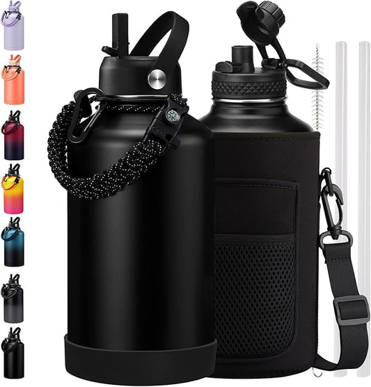 Insulated Water Bottle 64 oz - Keep Cold 48Hrs Hot24 Hrs, 1/2 Gallon Water Jug with Straw, Auto Spot Lid, Triple Wall Vacuum Stainless Steel Sports Water Bottle, Metal Half Gallon Jug