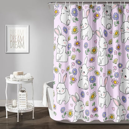 AILONEN Rabbit Bunny Shower Curtain for Bathroom,Cute Animal Shower Curtain Colorful Flower Decor Bath Curtain 60" W*72" H Polyester Fabric Waterproof Bathroom Bathtub Curtain with 12 Hooks