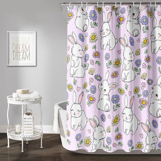 AILONEN Rabbit Bunny Shower Curtain for Bathroom,Cute Animal Shower Curtain Colorful Flower Decor Bath Curtain 60" W*72" H Polyester Fabric Waterproof Bathroom Bathtub Curtain with 12 Hooks