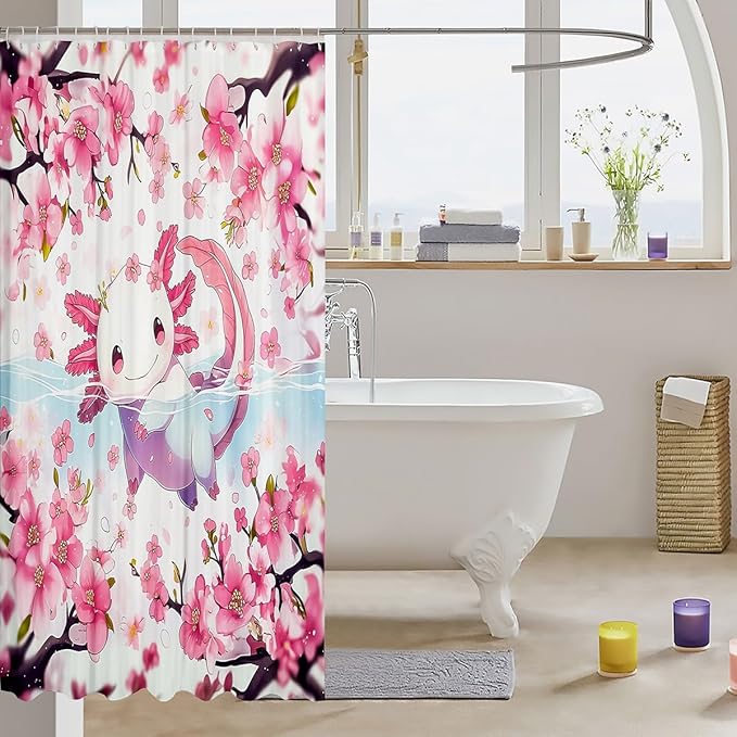 Feelyou Boys Girls Cute Axolotl Bathroom Shower Curtain Set Cartoon Salamander Bath Curtain Ocean Sealife Shower Curtain Kids Kawaii Teens Bathroom Accessories Room Decor 72"x84"