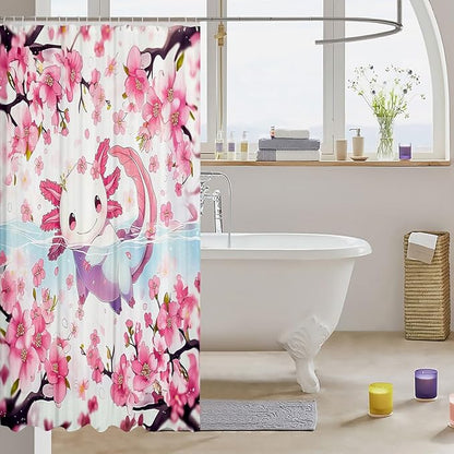 Feelyou Boys Girls Cute Axolotl Bathroom Shower Curtain Set Cartoon Salamander Bath Curtain Ocean Sealife Shower Curtain Kids Kawaii Teens Bathroom Accessories Room Decor 72"x84"