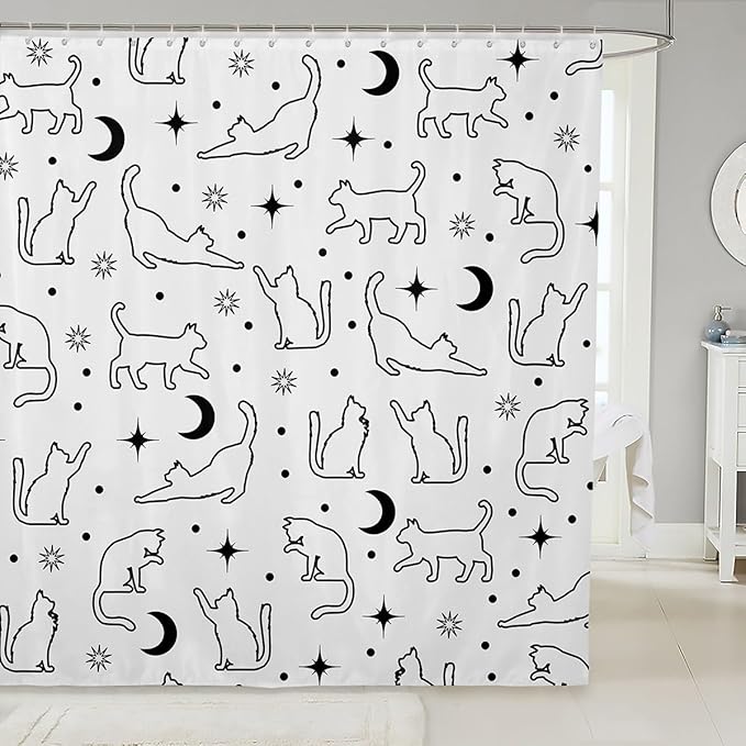 Cartoon Cat Silhouettes Kids Shower Curtains,Sun Moon Starry Sky Trippy Bathroom Curtains for Girls Boys,Cute Cats Hand-painted Boho Black White Waterproof Curtains,12 Hooks Suits,72"W x 72"L