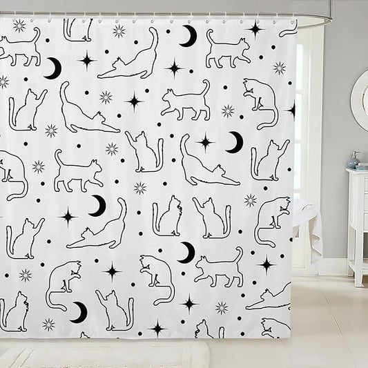 Cartoon Cat Silhouettes Kids Shower Curtains,Sun Moon Starry Sky Trippy Bathroom Curtains for Girls Boys,Cute Cats Hand-painted Boho Black White Waterproof Curtains,12 Hooks Suits,72"W x 72"L