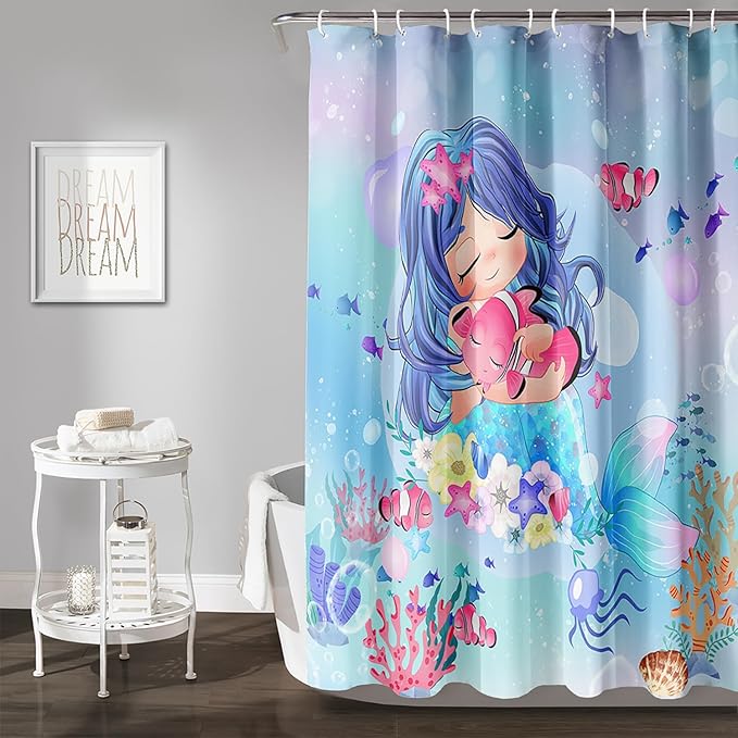 AILONEN Beautiful Mermaid Shower Curtain,Cute Mermaid Bath Curtain for Girls Teens,Ocean Curtain,Cartoon Fish Print Blue Waterproof Curtain for Bathroom Decor, 72" W x 72" H