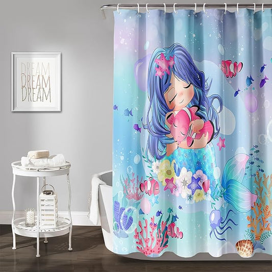 AILONEN Beautiful Mermaid Shower Curtain,Cute Mermaid Bath Curtain for Girls Teens,Ocean Curtain,Cartoon Fish Print Blue Waterproof Curtain for Bathroom Decor, 72" W x 72" H