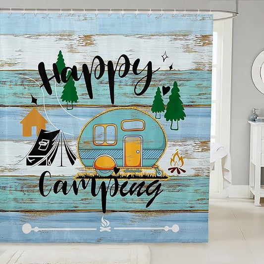 Feelyou Happy Camping Bathroom Waterproof Accessories with 12 Hooks Blue and Orange Camper Fabric Shower Curtain for Kids Farmhouse Style Shower Curtain Vintage Barn Door Curtains,72X78 Inches