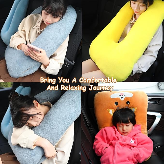 Kids Travel Pillow for Car Seat with Hand Muff, Cartoon Neck & Headrest Seat Belt Pillow for Car Road Trips Long-Distance Travel Sleeping Pillow for Adults and Children, Pink