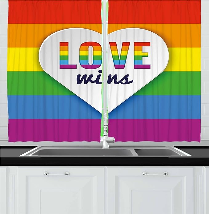 Ambesonne Pride Kitchen Curtains, Rainbow Flag with Stripes Heart with Love Wins Text LGBT Culture Colorful, Window Drapes 2 Panel Set for Kitchen Cafe Decor, 55" x 24", Purple Blue