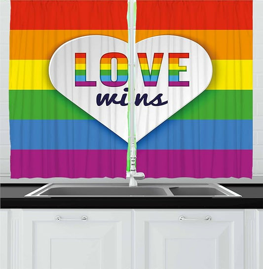 Ambesonne Pride Kitchen Curtains, Rainbow Flag with Stripes Heart with Love Wins Text LGBT Culture Colorful, Window Drapes 2 Panel Set for Kitchen Cafe Decor, 55" x 24", Purple Blue