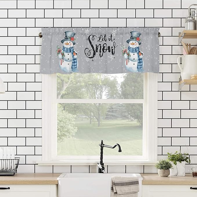 Snowman Christmas Valance Curtains for Kitchen Windows Let It Snow Winter Holiday Rod Pocket Window Treatment Toppers for Kitchen/Living Room/Bedroom/Bathroom, 54" X 18", Grey White