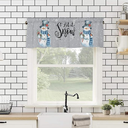 Snowman Christmas Valance Curtains for Kitchen Windows Let It Snow Winter Holiday Rod Pocket Window Treatment Toppers for Kitchen/Living Room/Bedroom/Bathroom, 54" X 18", Grey White