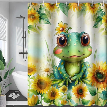 AILONEN Cartoon Green Frog Shower Curtain,Watercolor Sunflower Shower Curtain,Cute Kawaii Frog Curtain for Kids Girls Boys,Yellow Flower Animal Frog Print Waterproof Bath Curtain 60" W x 72" H