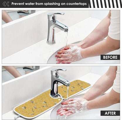 Kitchen Faucet Absorbent Mat,Bees Honey Honeycombs Water Splash Guard for Sink, Faucet Drip Catcher Thicken Sponge Microfiber Faucet Water Catcher Mat Sink Absorbent Mat for Kitchen 30x5in 2 Pack