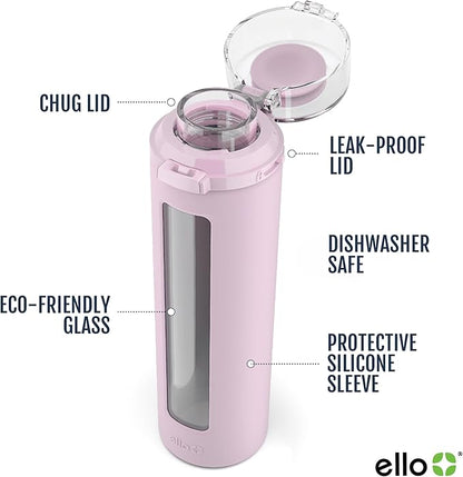 Ello Syndicate Glass Water Bottle with One-Touch Flip Lid and Protective Silicone Sleeve and Carry Loop, BPA Free, Dishwasher Safe,20oz