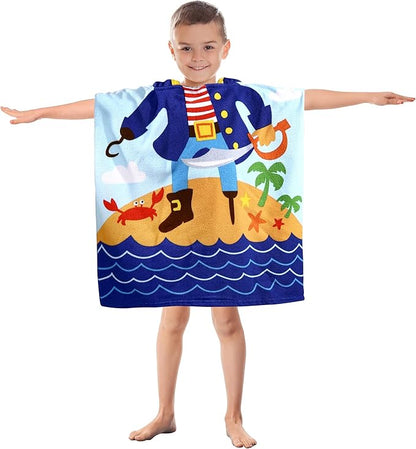 Kids Pirate Hooded Beach Towel Boys Cute Poncho Pool Towels with Hood 24*47" Cool Soft Microfiber Swim Cover-ups for Kids Ages 3-10 Thick Absorbent Cotton Hooded Bath Towels Wrap Bathrobe