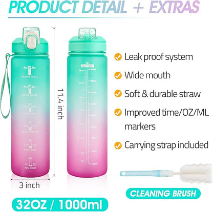 Motivational Water Bottle with Time Marker- 32oz Water Bottles with Times to Drink, Leakproof & BPA Free Sports Water Bottle with Straw & Carry Strap for Fitness, Gym, and Outdoor Sports