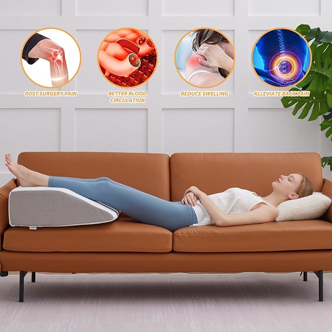 Leg Elevation Pillows, Leg Pillows for Sleeping, Cooling Gel Memory Foam Top, Wedge Pillow for Legs, Leg Wedges for Circulation, Swelling, After Surgery - Removable Cover (10 Inch, White/Grey)