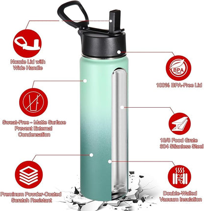 Volhoply 24oz Insulated Water Bottle With Straw Bulk 6 Pack,Metal Wide Mouth Water Bottles With Handle Lid Keep Cold,Reusable Double Wall Thermos,Powder Coated Sport Bottle For Holder(Mojito,6 Count)