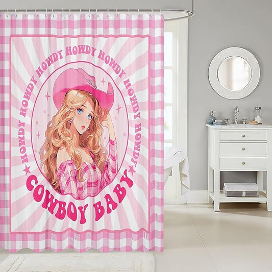 Manfei Western Cowgirl Kids Shower Curtains,Stars Cowboy Rustic Farmhouse Bathroom Curtains for Girls Women,Geometric Grids Patchwork Pink Dreamy Chic Waterproof Curtains,12 Hooks Suits,72" W x 72" L