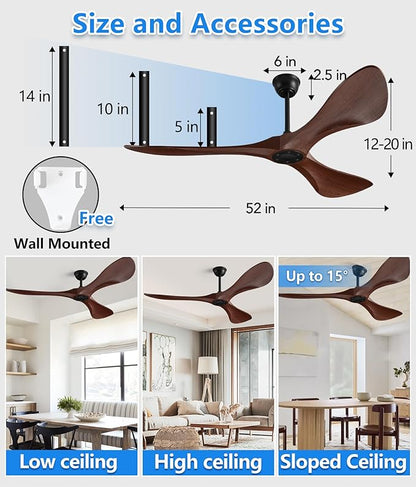 Ceiling Fan with Remote,52 Inch Wood Color Ceiling Fan no light for Indoor/Outdoor,6 Speed Noiseless Reversible DC Motor，Modern Ceiling Fan with Timer for Kitchen, Living Room Farmhouse Patios