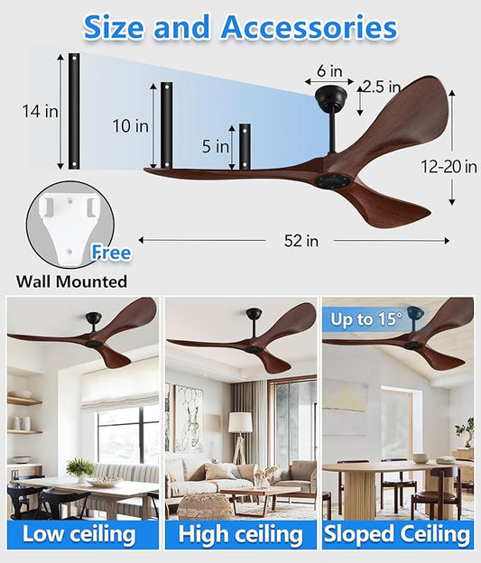 Ceiling Fan with Remote,52 Inch Wood Color Ceiling Fan no light for Indoor/Outdoor,6 Speed Noiseless Reversible DC Motor，Modern Ceiling Fan with Timer for Kitchen, Living Room Farmhouse Patios