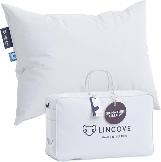 Lincove Signature 100% Canadian White Down Pillow - Luxury Sleeping Pillow for Back, Stomach & Side Sleepers - 800 Fill Power Bed Pillow, 500 Thread Count, Made in Canada, Queen - Soft, 1 Pack
