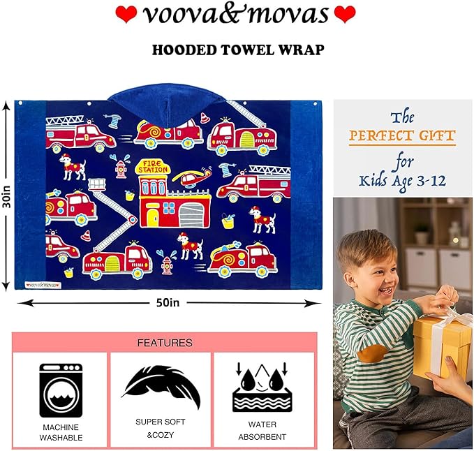 VOOVA & MOVAS Kids Bath Towels Age 3-10, Soft | Thick | 100% Cotton, Beach | Pool | Bath | Swim Towels | Cover Up for Boys, Blue Fire Truck Theme