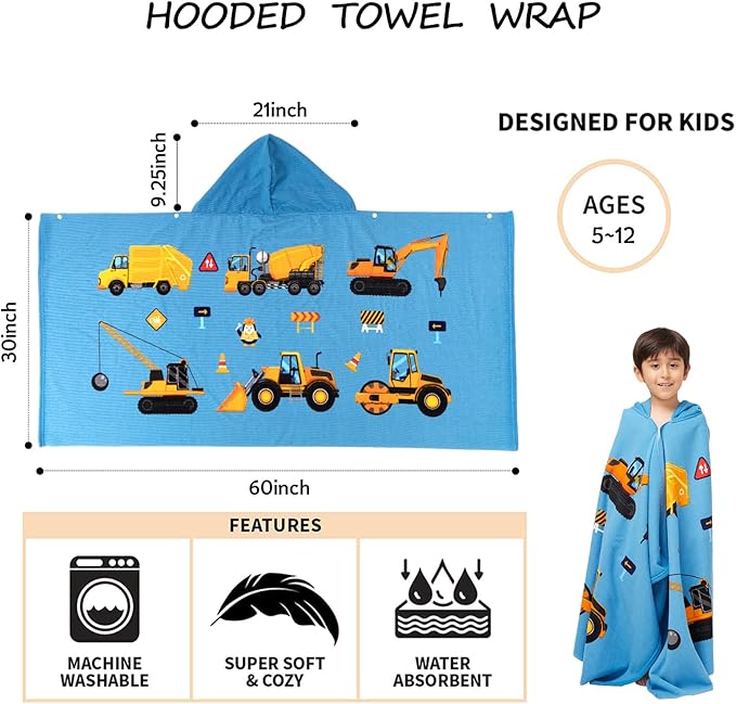 Hooded Towel for Toddlers 5-12 Years Boys Girls Kids Bath Pool Beach Towel Wrap Extra Large Soft Absorbent Beach Poncho(Construction site XL)