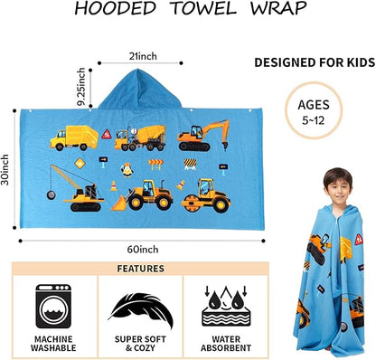 Hooded Towel for Toddlers 5-12 Years Boys Girls Kids Bath Pool Beach Towel Wrap Extra Large Soft Absorbent Beach Poncho(Construction site XL)