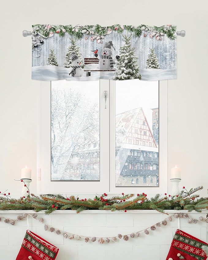 Merry Christmas Valance Curtains for Kitchen Windows Xmas Snowman Snowy Pine Tree Rod Pocket Window Treatment Toppers for Kitchen/Living Room/Bedroom/Bathroom, 42" X 18", Blue Winter