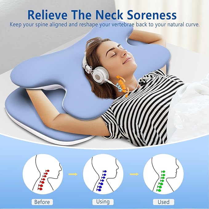 Cervical Pillow for Neck Back Pain Relief Memory Foam Contour Pillow Ergonomic Orthopedic Neck Pillow for Sleeping Cervical Support Pillow for Back Side Stomach Sleeper Cooling Pillowcase (Blue)