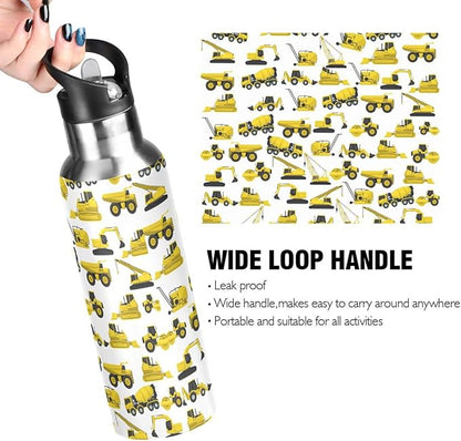 Construction Truck Excavator Bulldozer Stainless Steel Water Bottle with Straw Lid - 20 Oz Sports Insulated Water Bottle Thermos for Sport Gym Outdoor Travel School (DZ005)