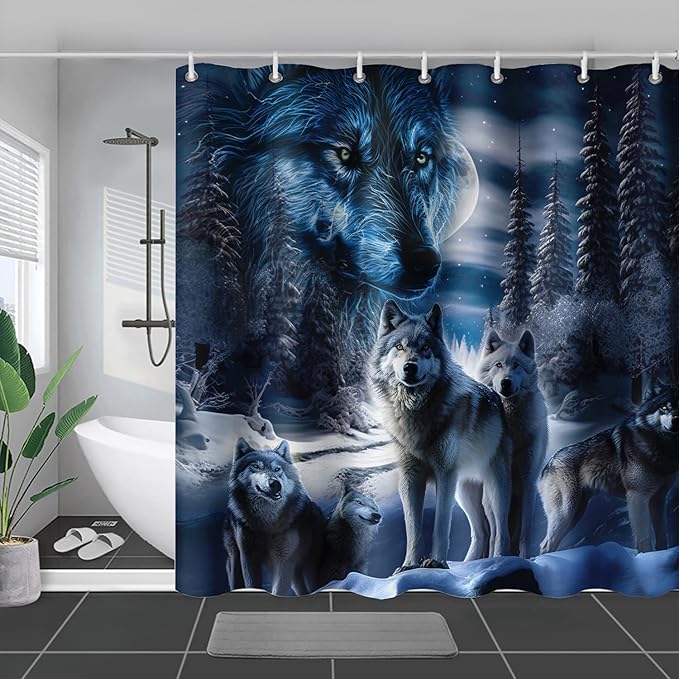AILONEN Boys Snow Wolf Shower Curtain for Bathroom Decor,3D Night Galaxy Starry Wolf Decor Bath Curtain 60" W*72" H Polyester Fabric Waterproof Bathroom Curtain with 12 Hooks
