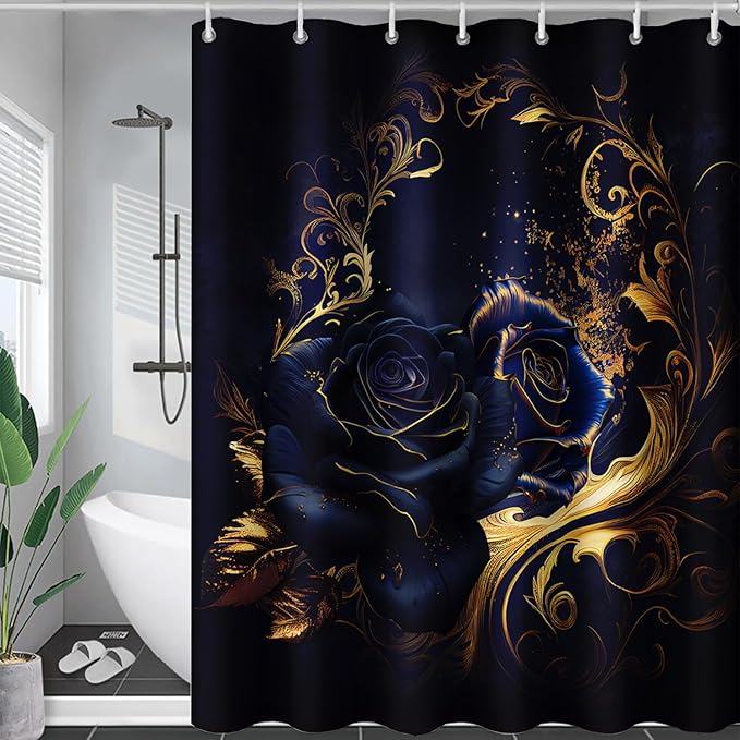 AILONEN Blue Rose Shower Curtain 72"W*78"H for Bathroom,Mystic Blue Gold Flower Glitter Rose Print Bath Curtain,Girls Women Teen Adults Bath Curtain Polyester Waterproof Shower Curtain With 12 Hooks