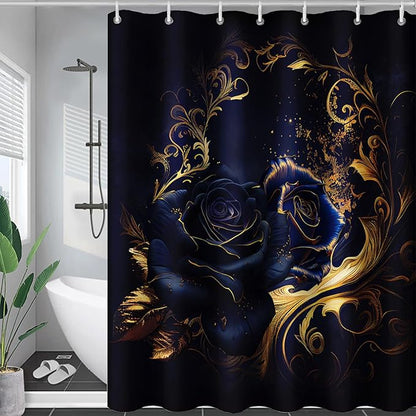 AILONEN Blue Rose Shower Curtain 72"W*78"H for Bathroom,Mystic Blue Gold Flower Glitter Rose Print Bath Curtain,Girls Women Teen Adults Bath Curtain Polyester Waterproof Shower Curtain With 12 Hooks